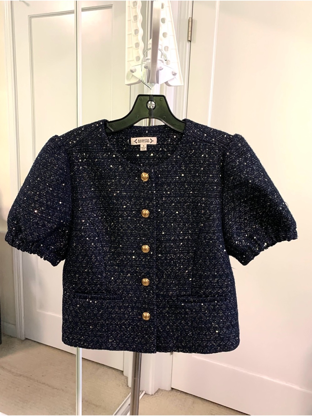 Nanette Lepore Sparkly Navy Blue Tweed Puff-Sleeve Jacket, buttons and pockets